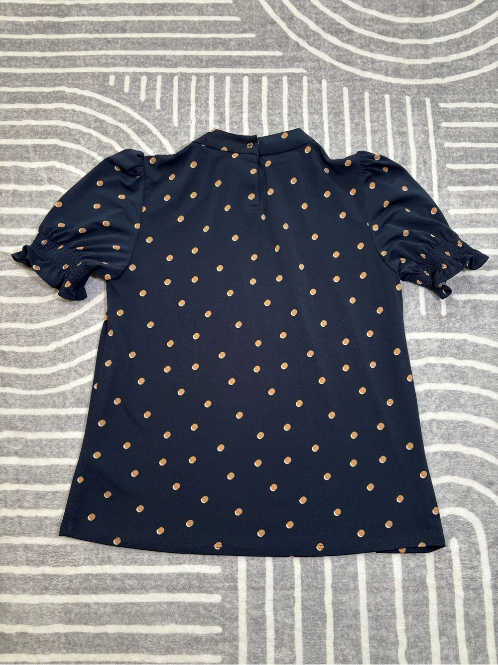 Adrianna Papell Top, Navy Blue Blouse Polka Dots, Small, Puff Sleeves, Smocked - Picture 2 of 9